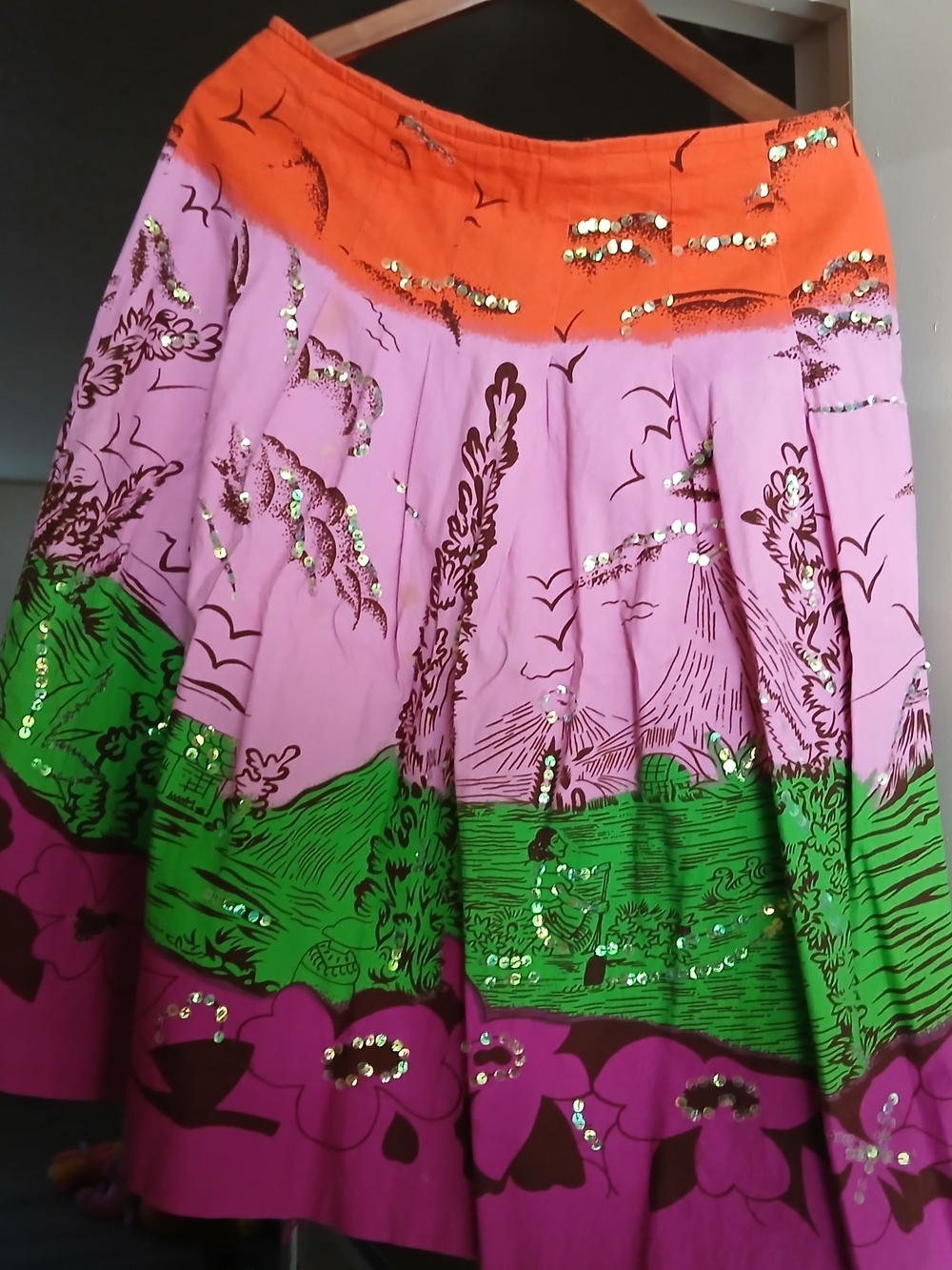 Bisou Bisou Colorblock Sequin Circle Skirt - Orange, Pink & Green